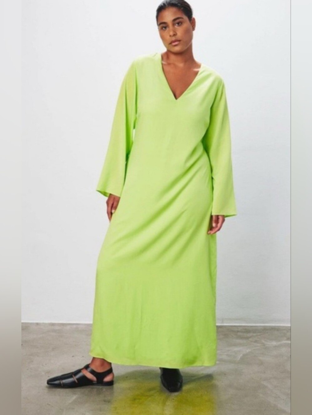 Mara Hoffman Naliyah Neon Green Lime V-Neck Long Sleeve Maxi Dress